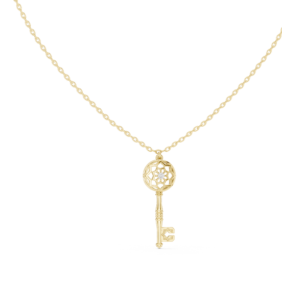 round lab grown diamond vintage key pendant in yellow gold