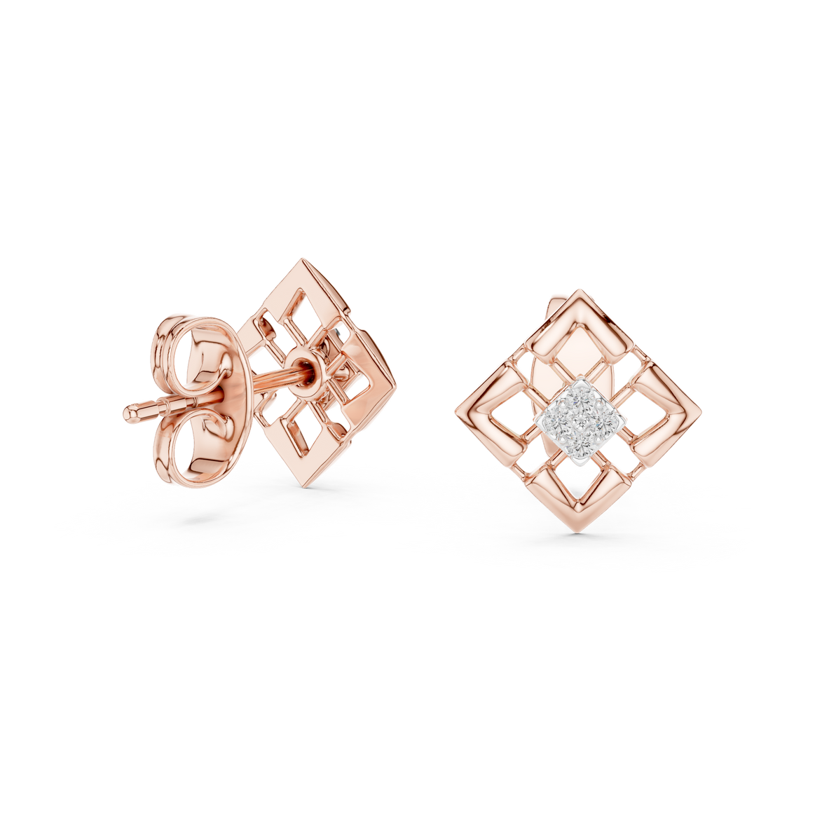 Geometric diamond stud earrings in gold with round diamonds