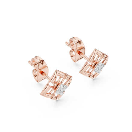 Side profile of rose gold geometric open lattice square diamond studs.