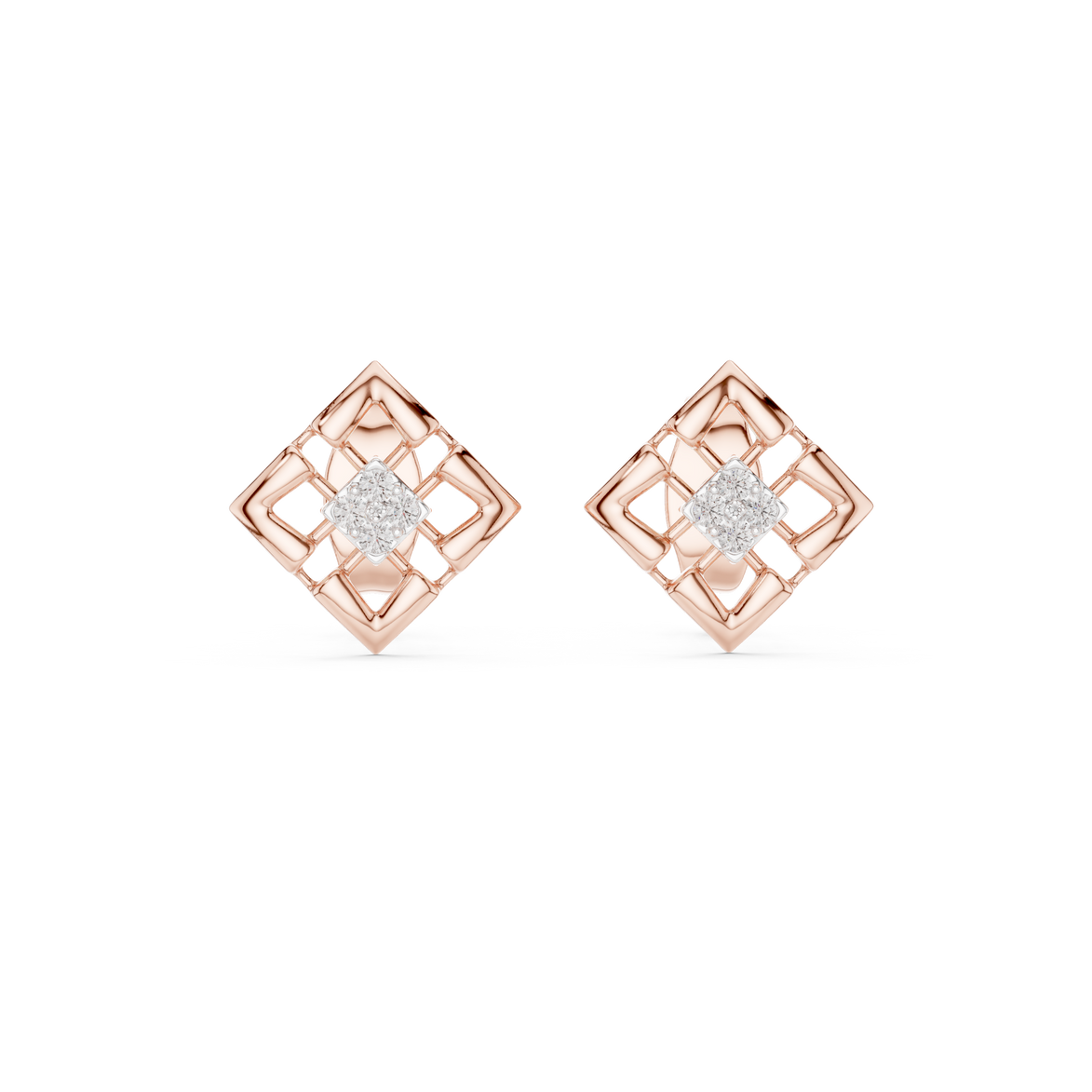 Geometric diamond stud earrings in gold with round diamonds