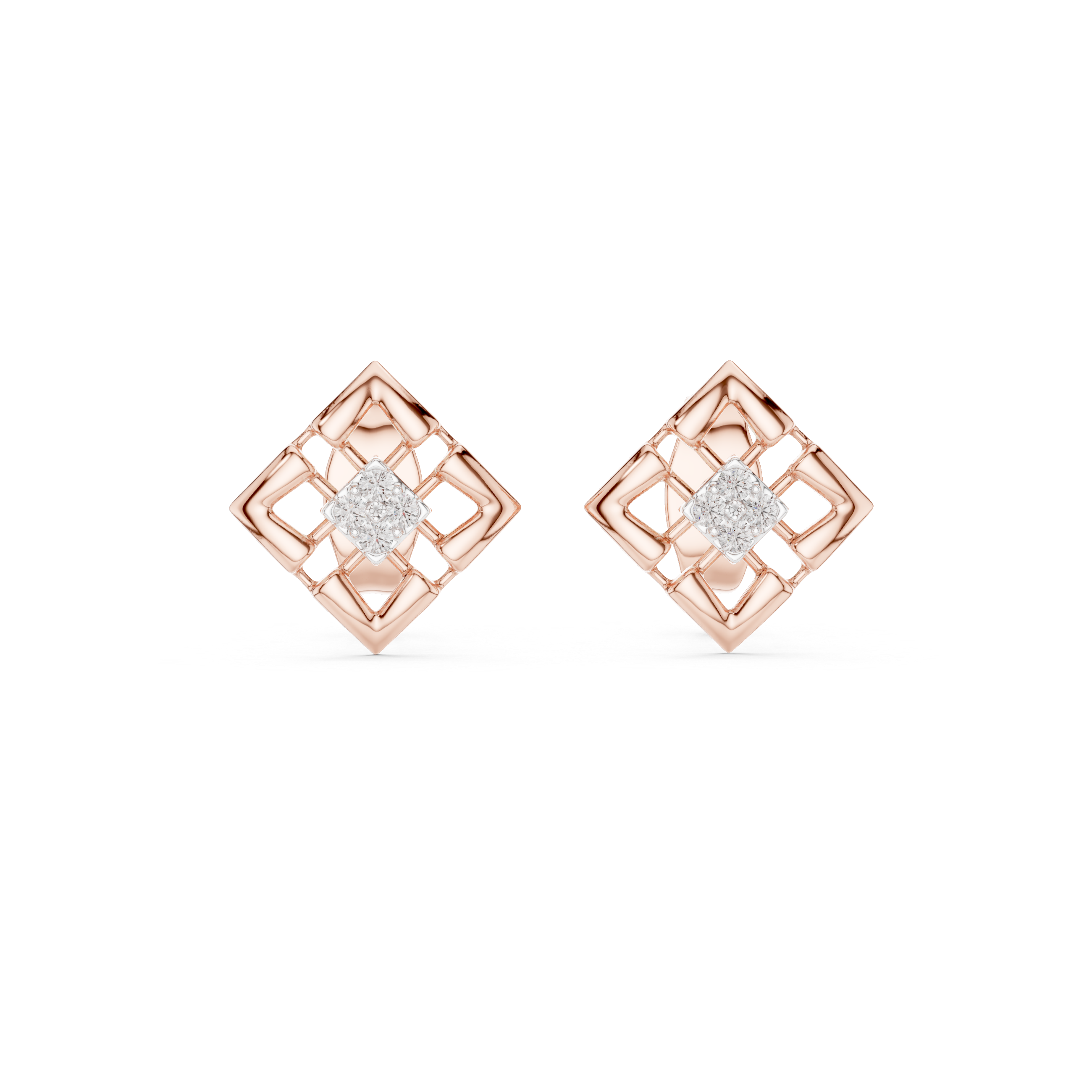 Geometric diamond stud earrings in gold with round diamonds