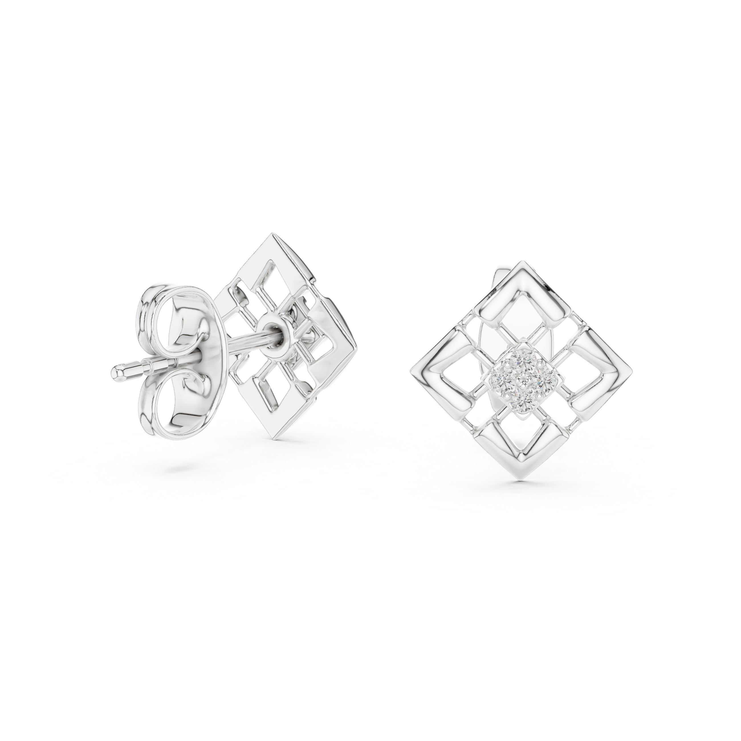 Geometric diamond stud earrings in gold with round diamonds