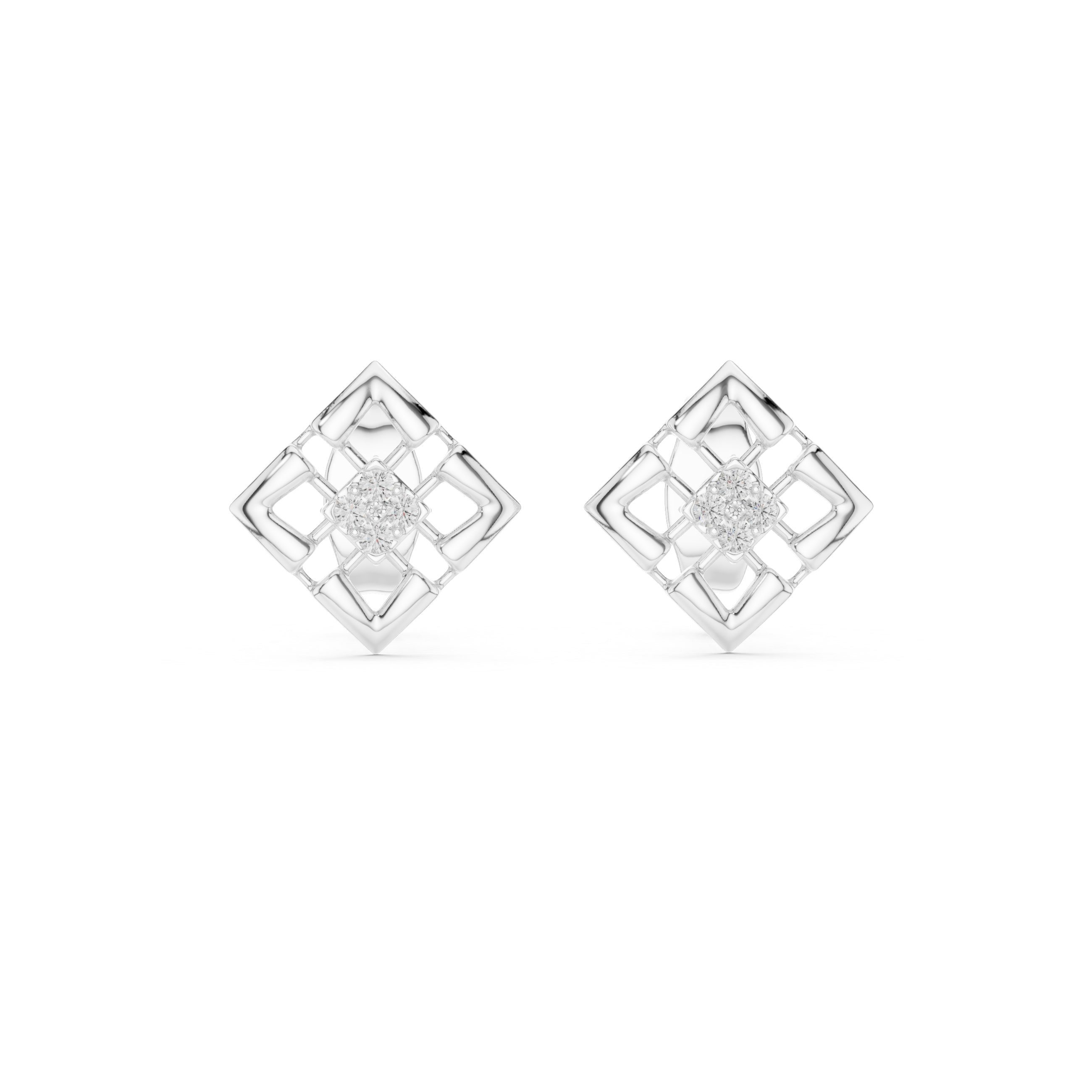Geometric diamond stud earrings in gold with round diamonds
