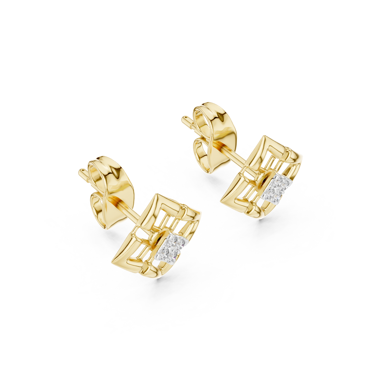 Geometric diamond stud earrings in gold with round diamonds