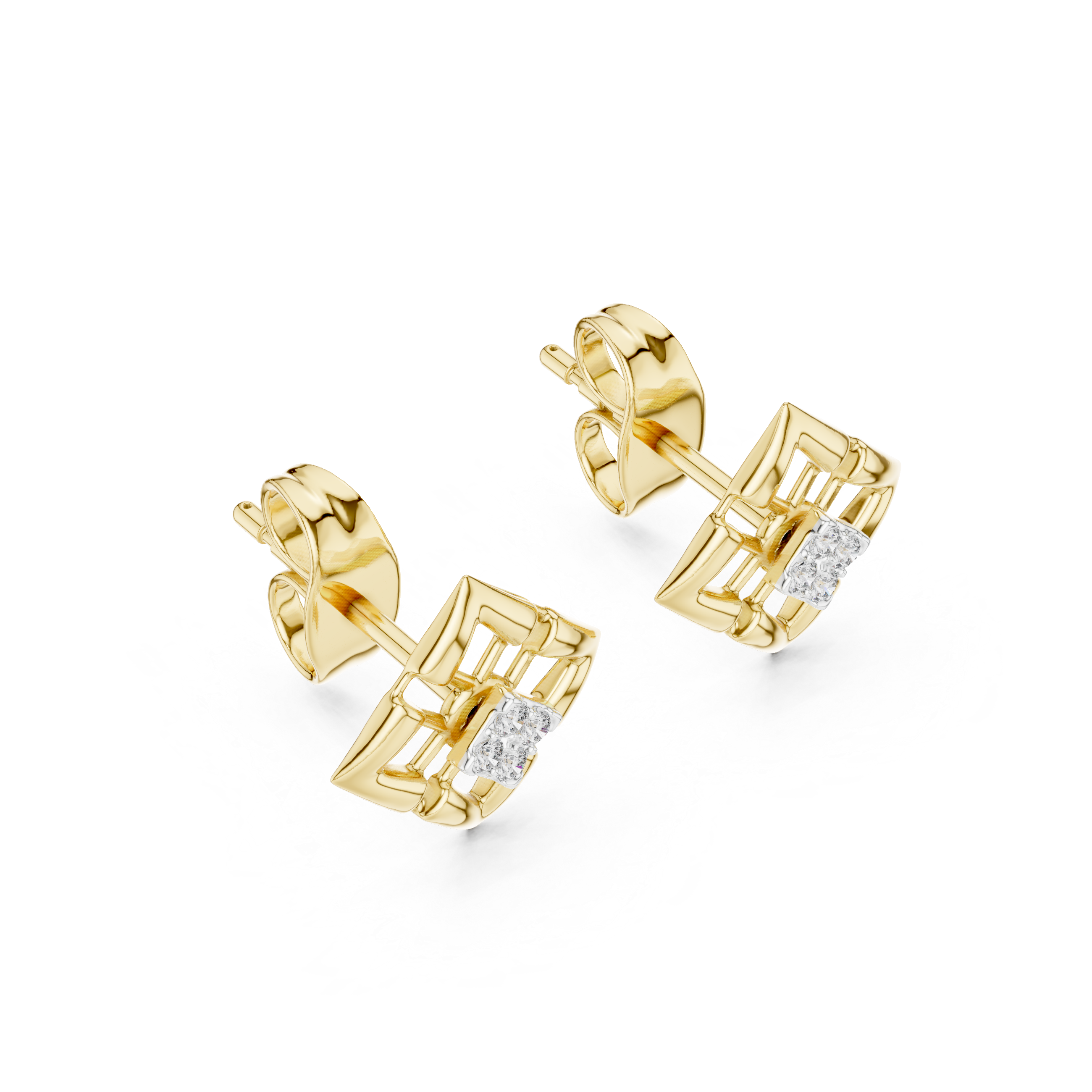 Geometric diamond stud earrings in gold with round diamonds