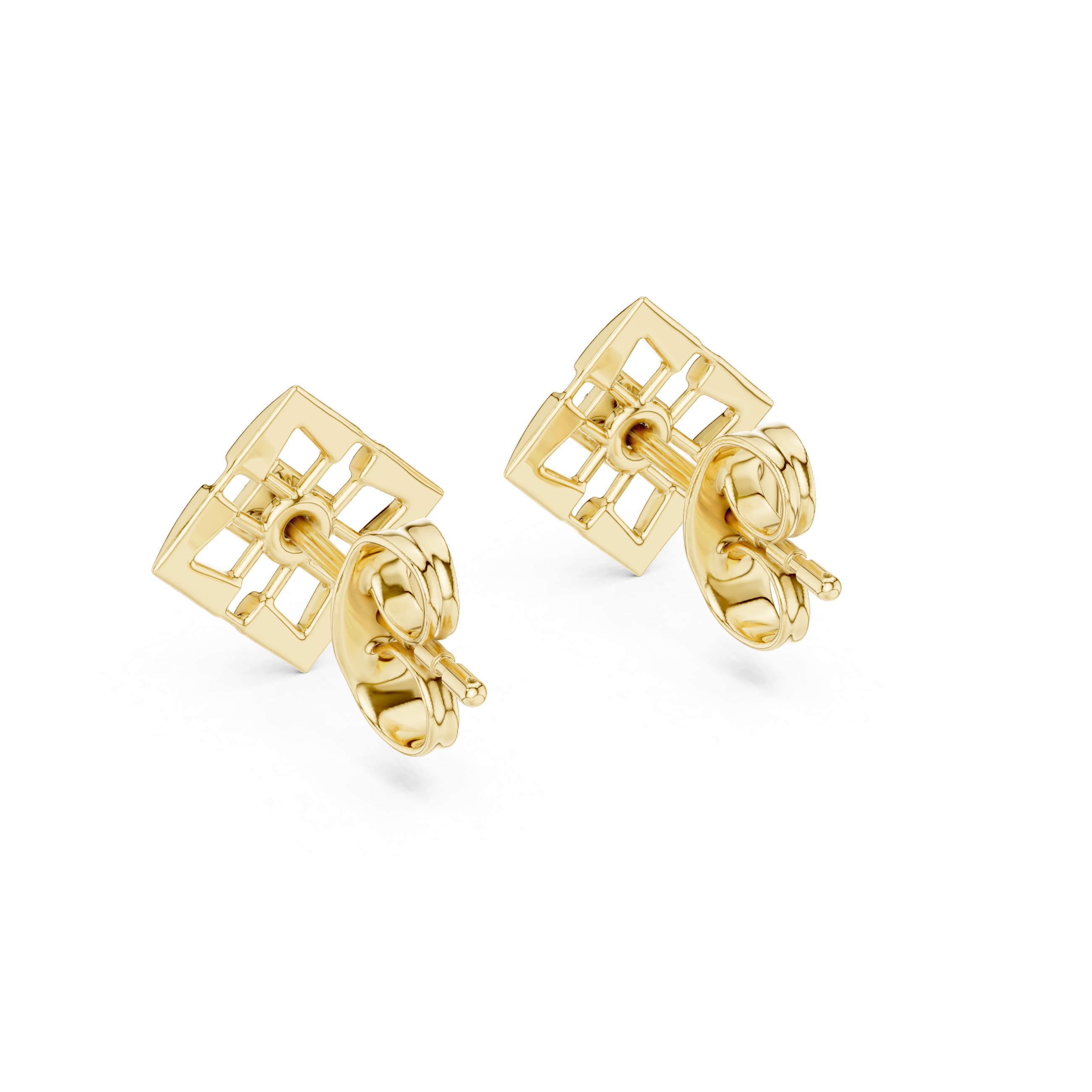 Geometric diamond stud earrings in gold with round diamonds