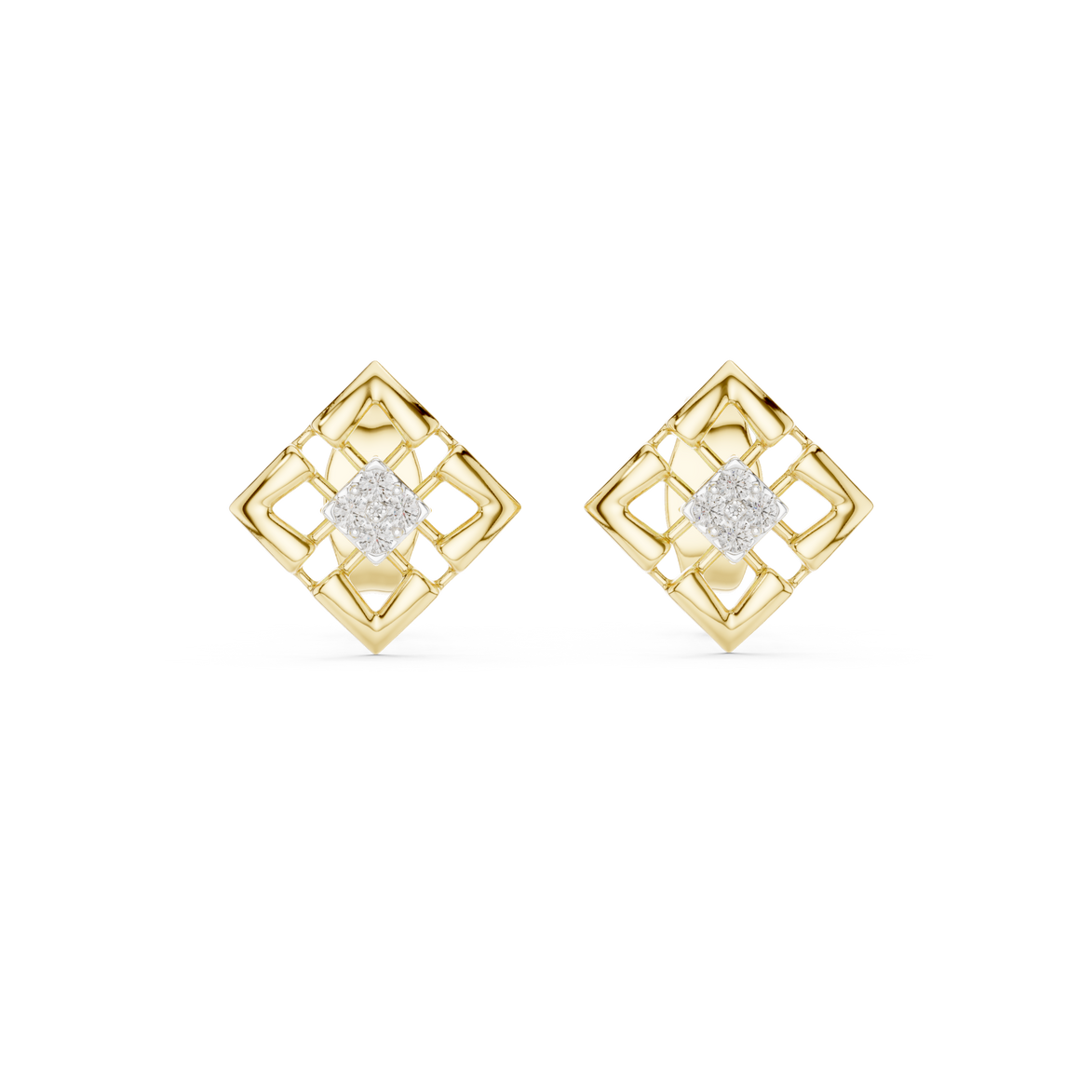 Geometric diamond stud earrings in gold with round diamonds