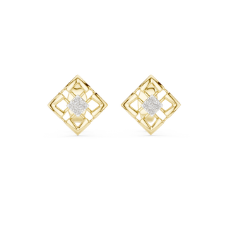Front view of Modern Lattice diamond stud earrings in yellow gold.