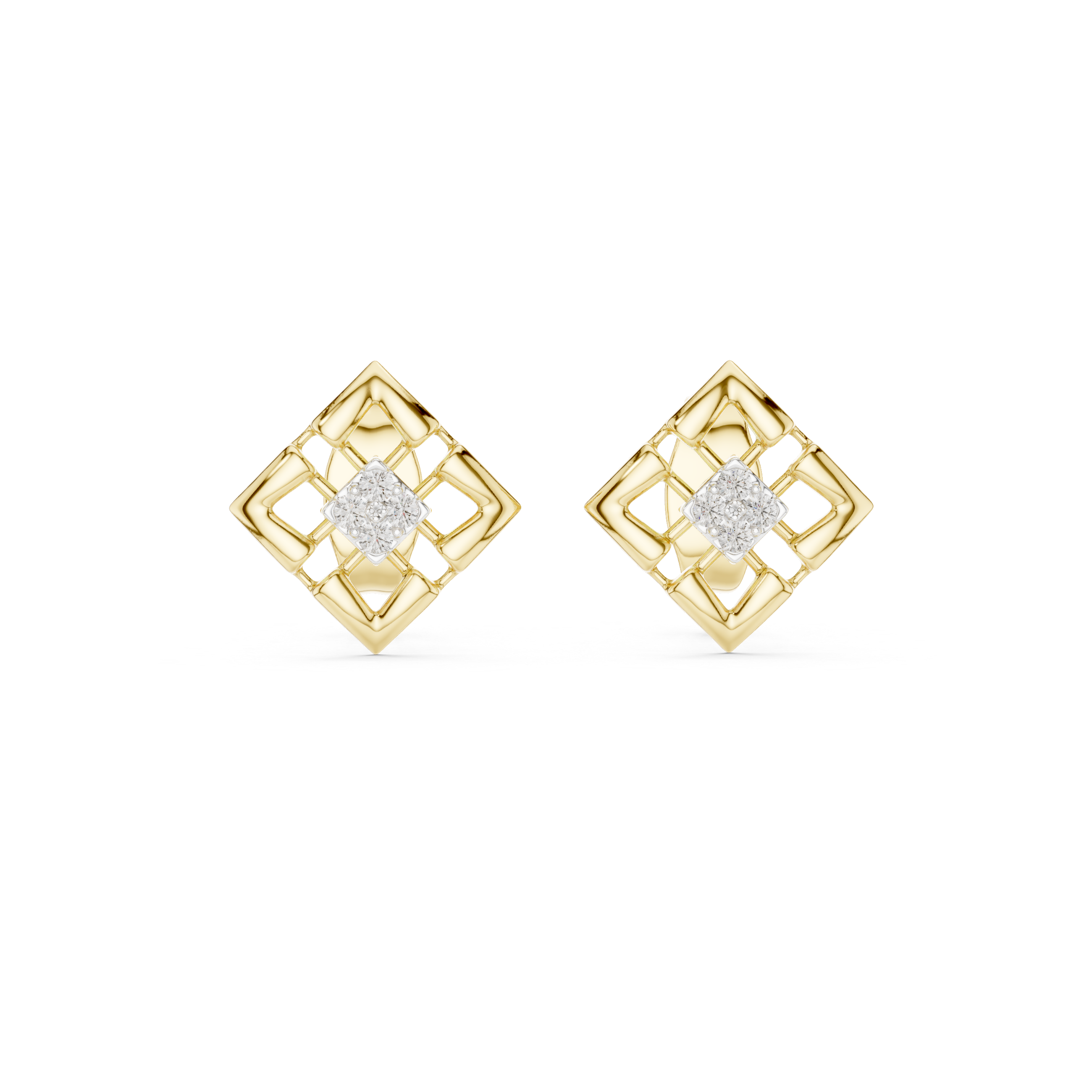 Geometric diamond stud earrings in gold with round diamonds