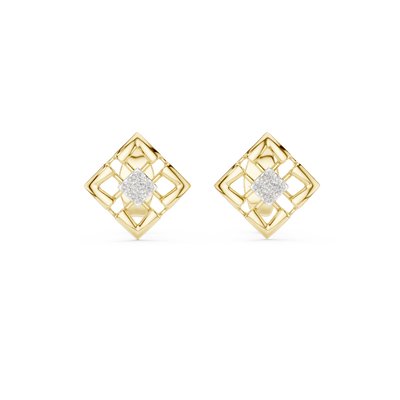 Front view of Modern Lattice diamond stud earrings in yellow gold.