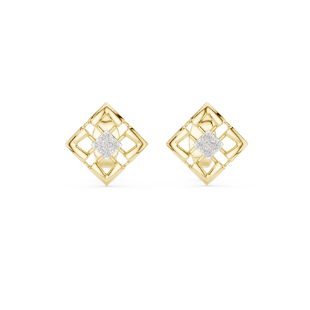 Front view of Modern Lattice diamond stud earrings in yellow gold.