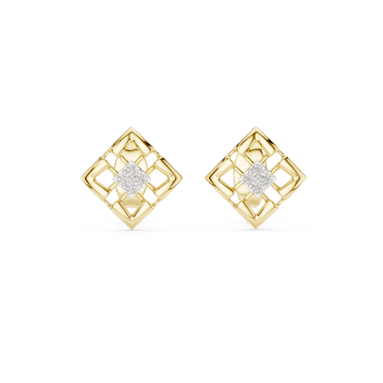 Front view of Modern Lattice diamond stud earrings in yellow gold.
