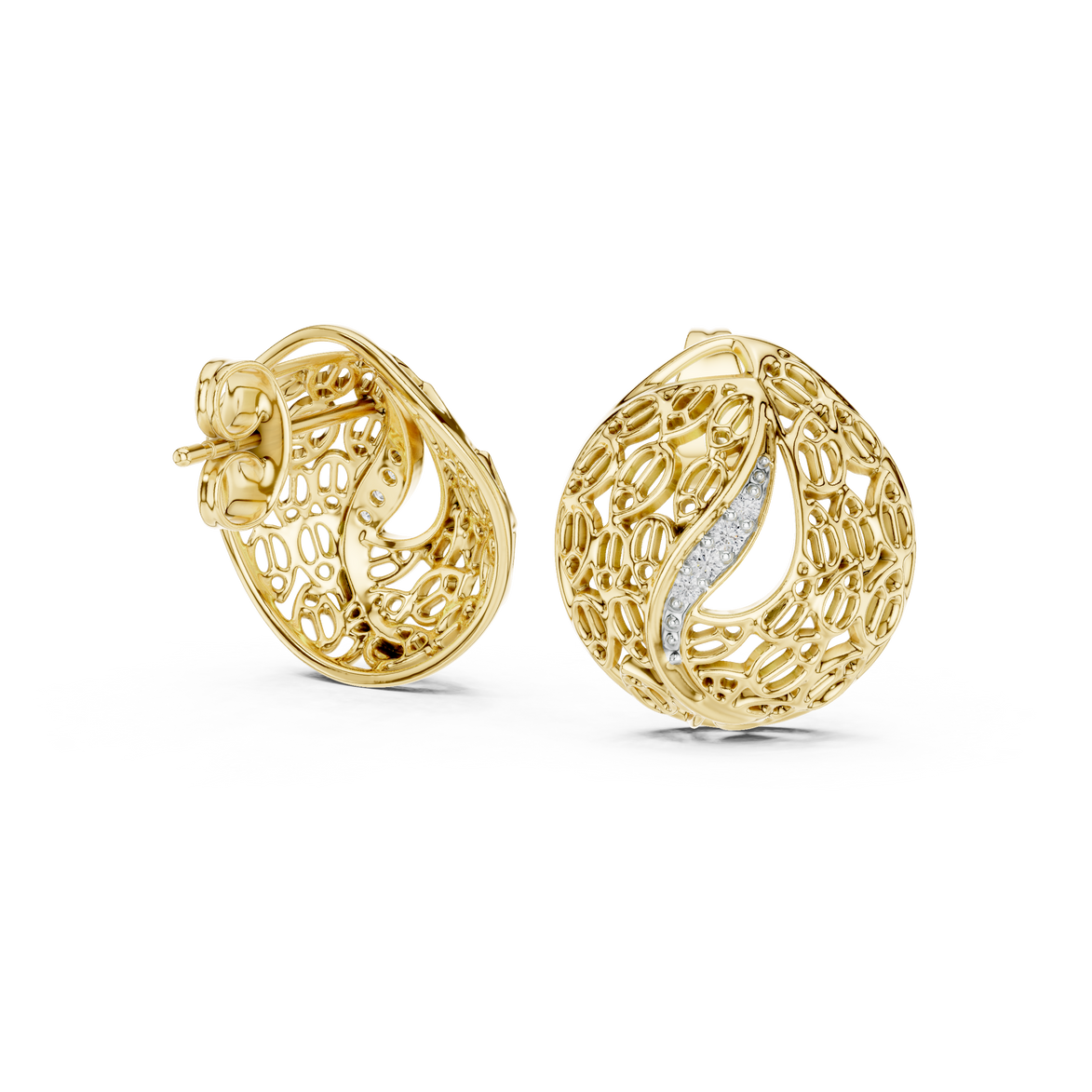 Diamond dome stud earrings in gold with pavé diamonds