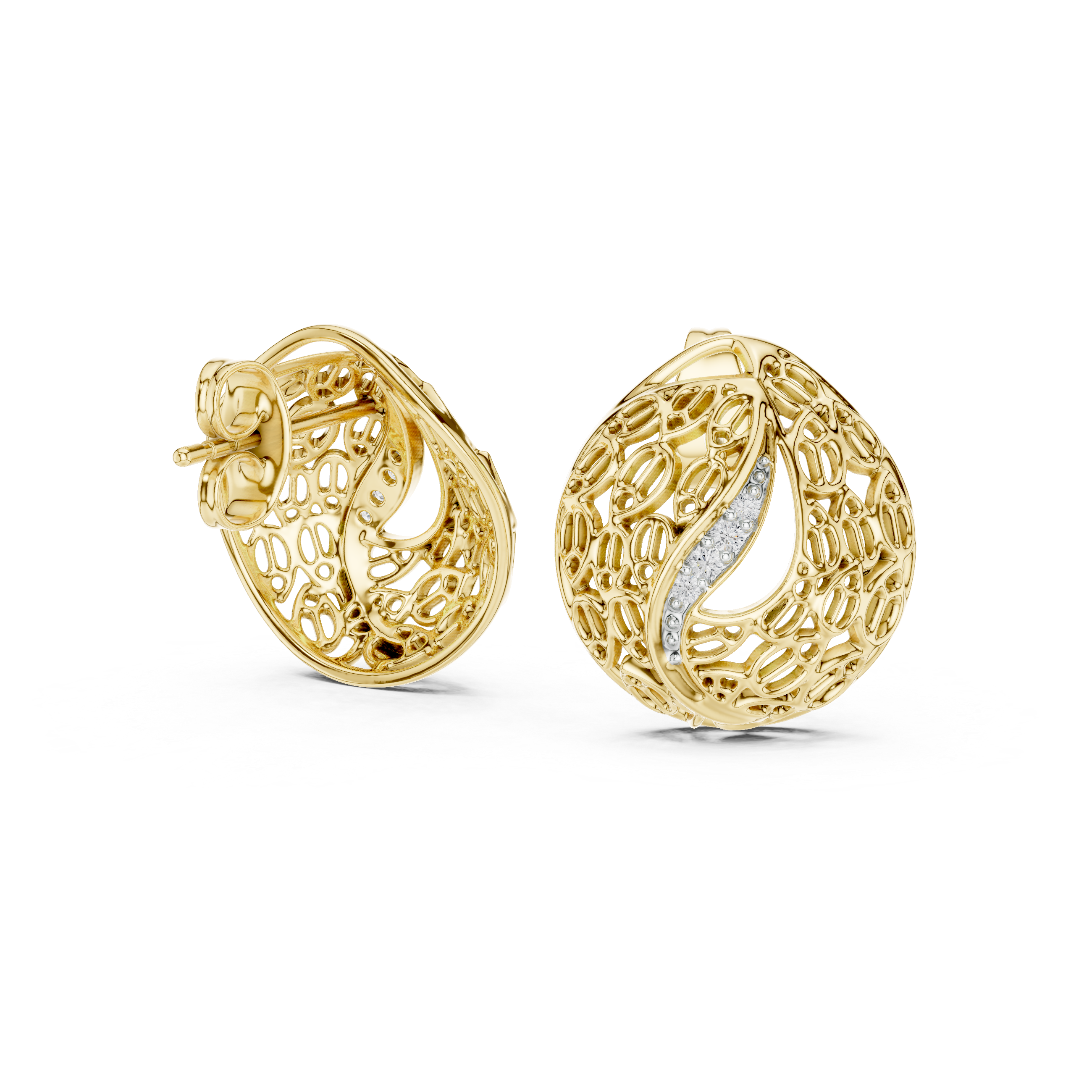 Diamond dome stud earrings in gold with pavé diamonds