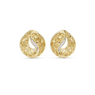 Front view of Moonlit Lace openwork diamond stud earrings in yellow gold.