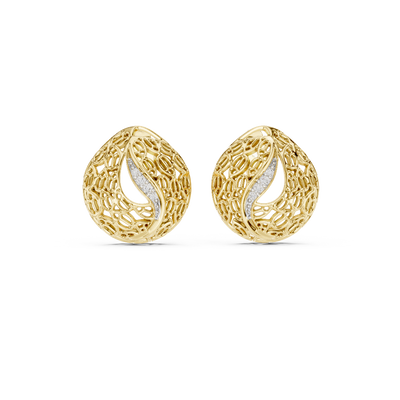 Front view of Moonlit Lace openwork diamond stud earrings in yellow gold.