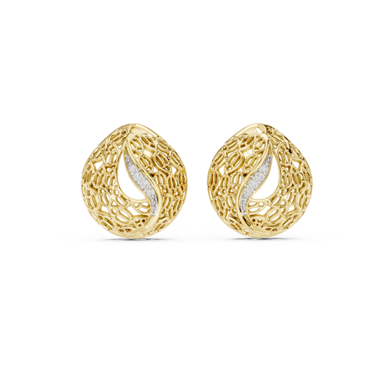 Front view of Moonlit Lace openwork diamond stud earrings in yellow gold.