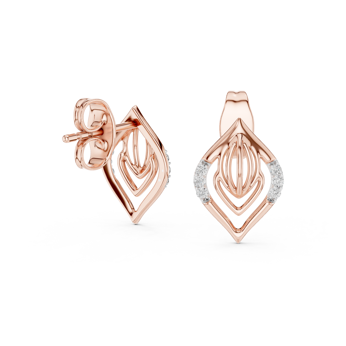 Diamond leaf stud earrings in gold with pavé diamonds