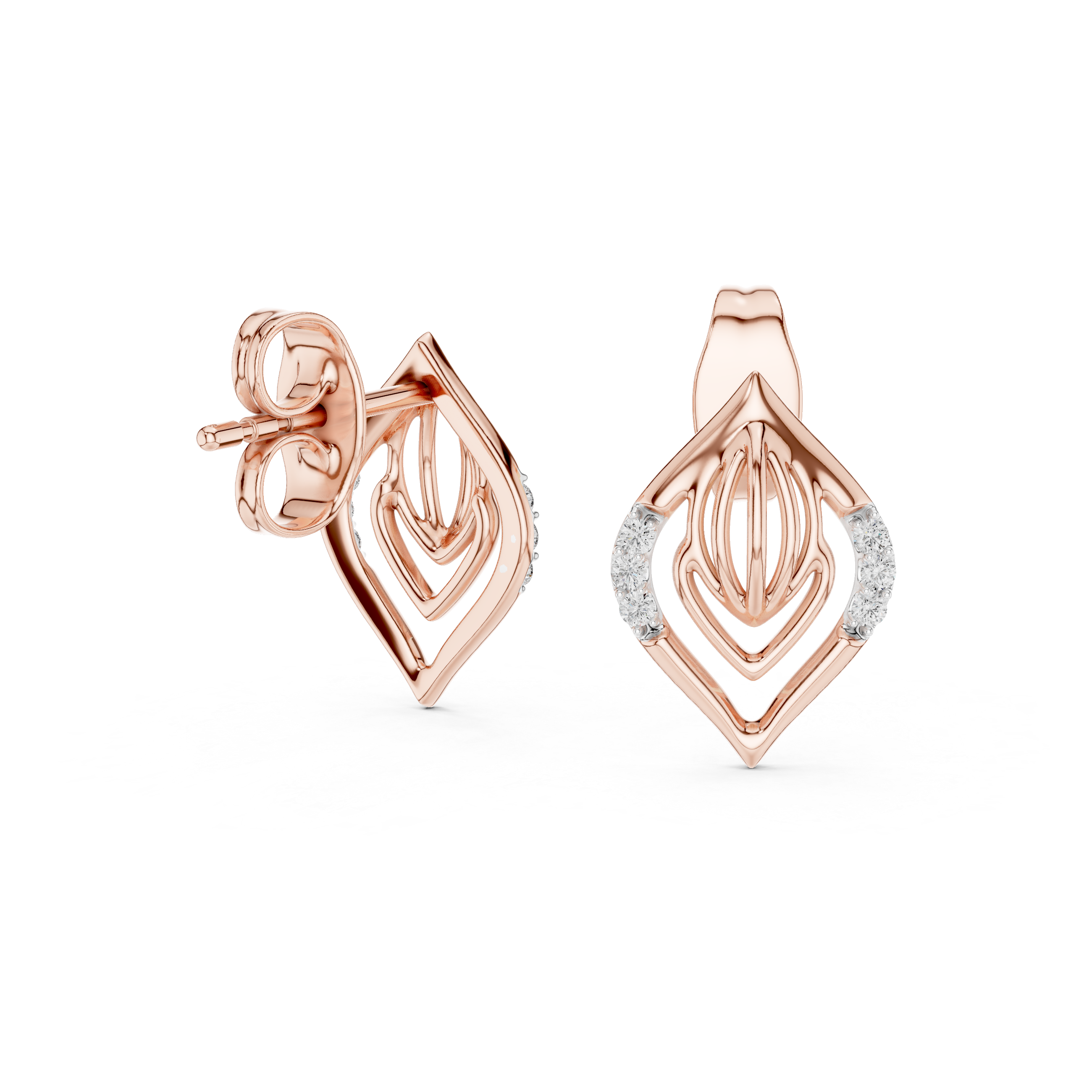 Diamond leaf stud earrings in gold with pavé diamonds