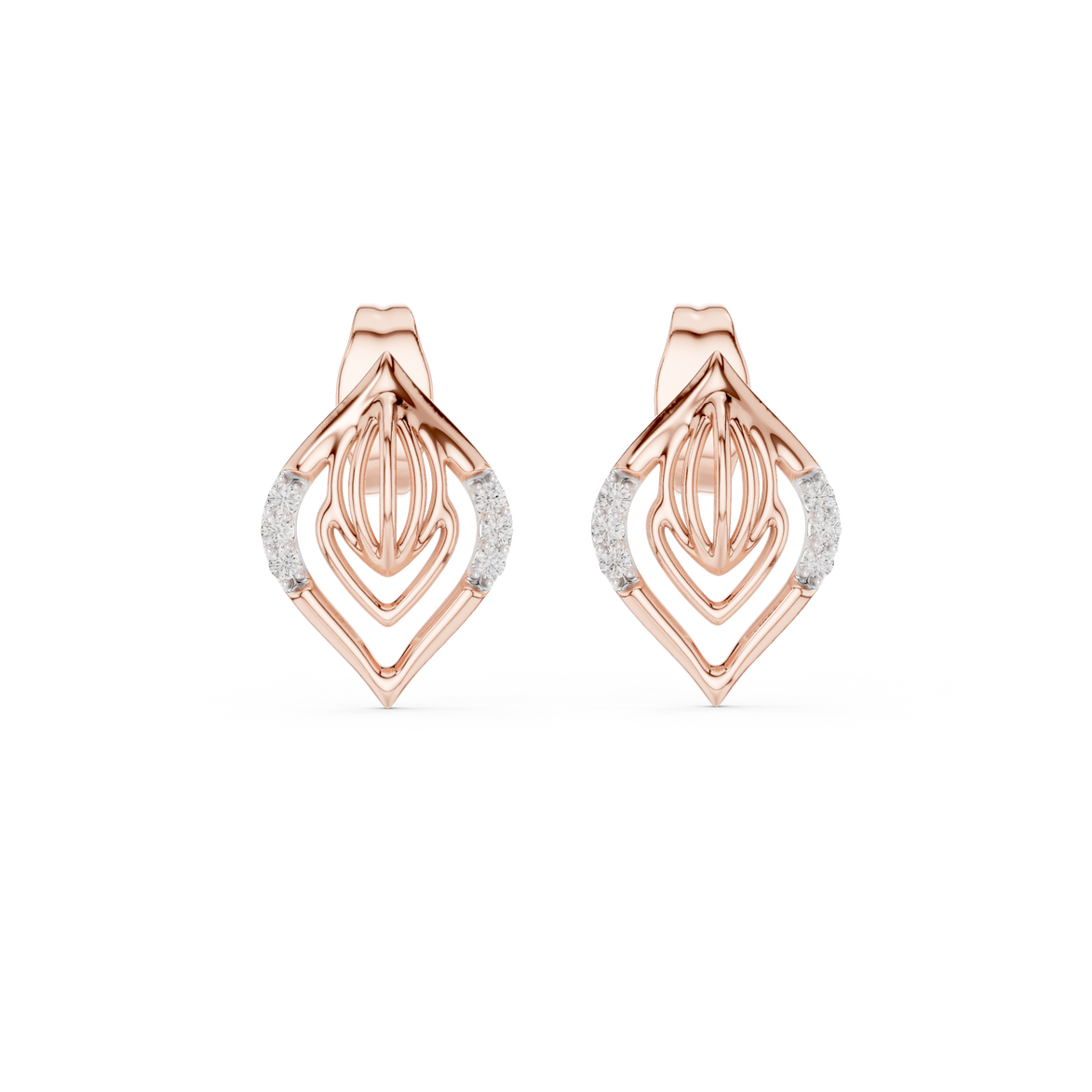 Diamond leaf stud earrings in gold with pavé diamonds