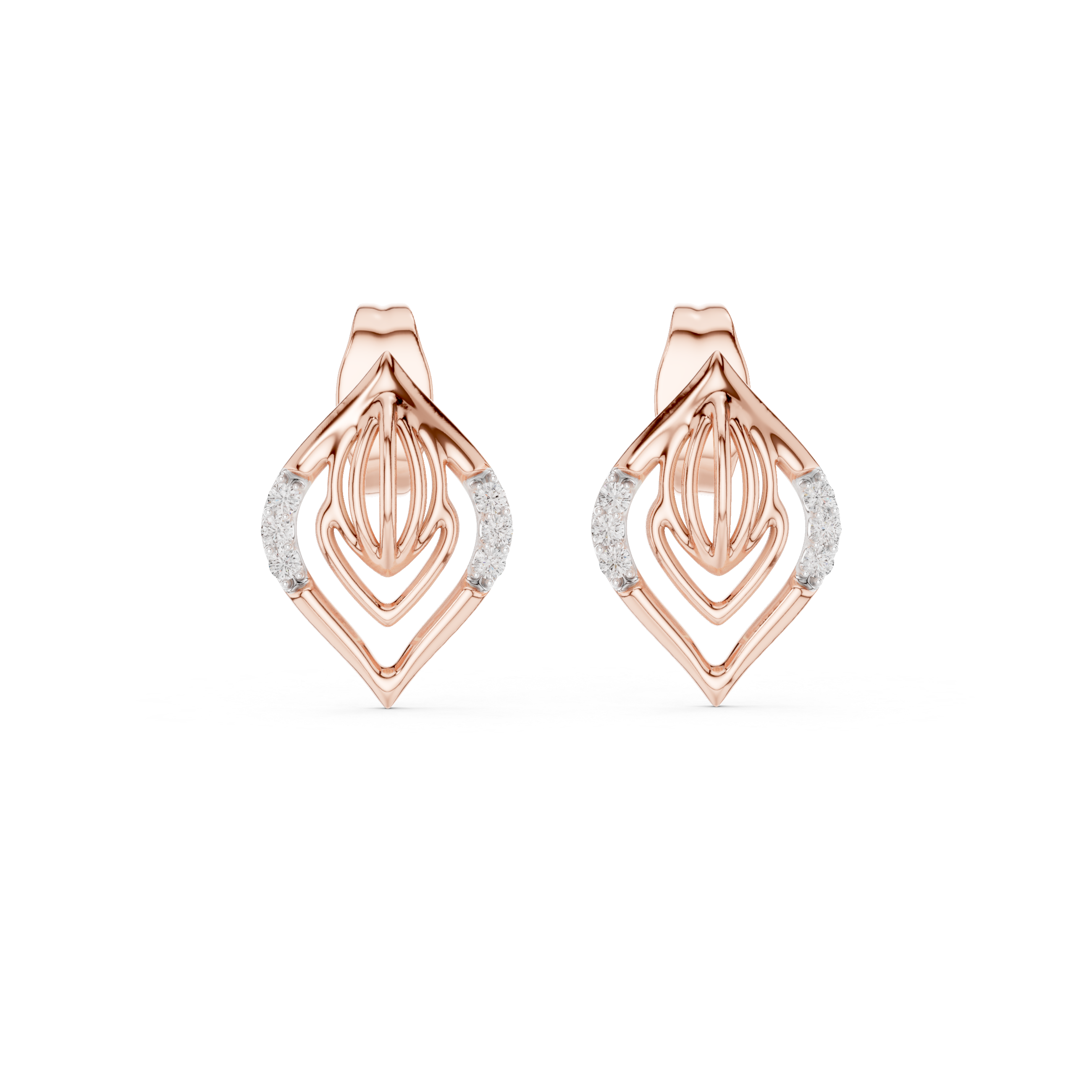 Diamond leaf stud earrings in gold with pavé diamonds