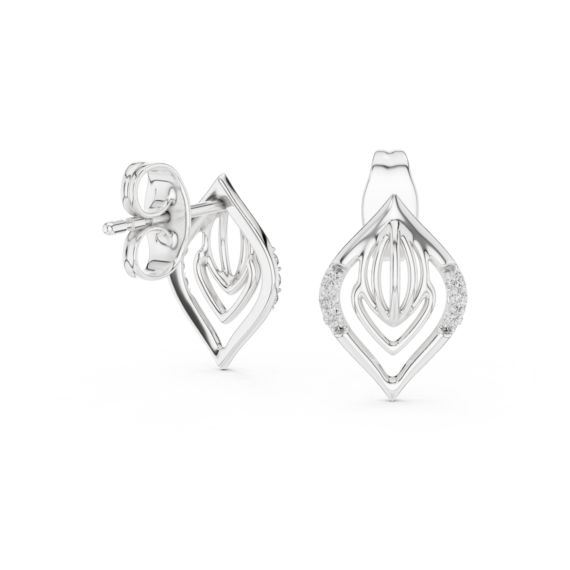 Diamond leaf stud earrings in gold with pavé diamonds