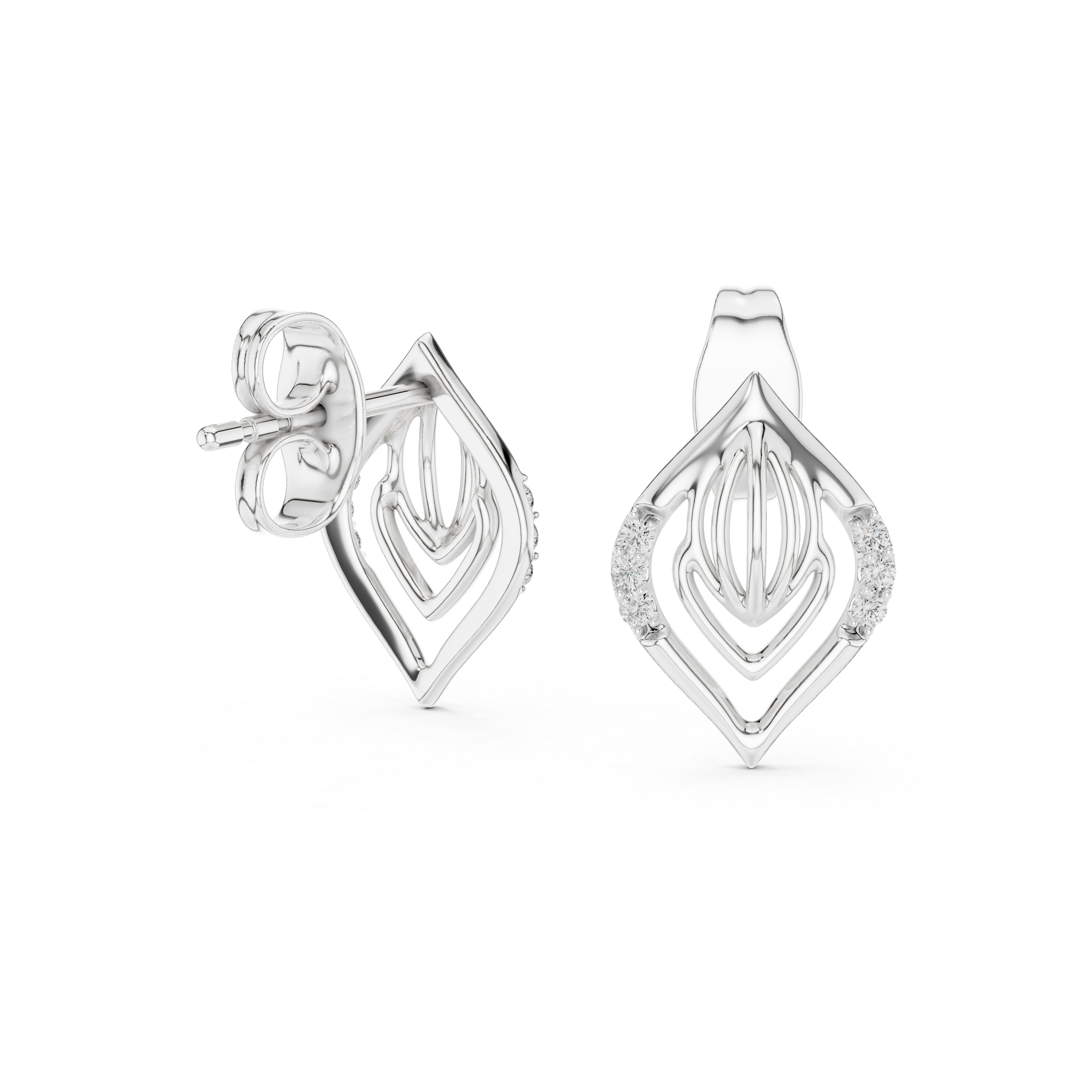 Diamond leaf stud earrings in gold with pavé diamonds