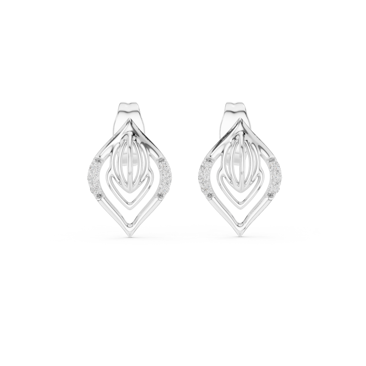 Diamond leaf stud earrings in gold with pavé diamonds