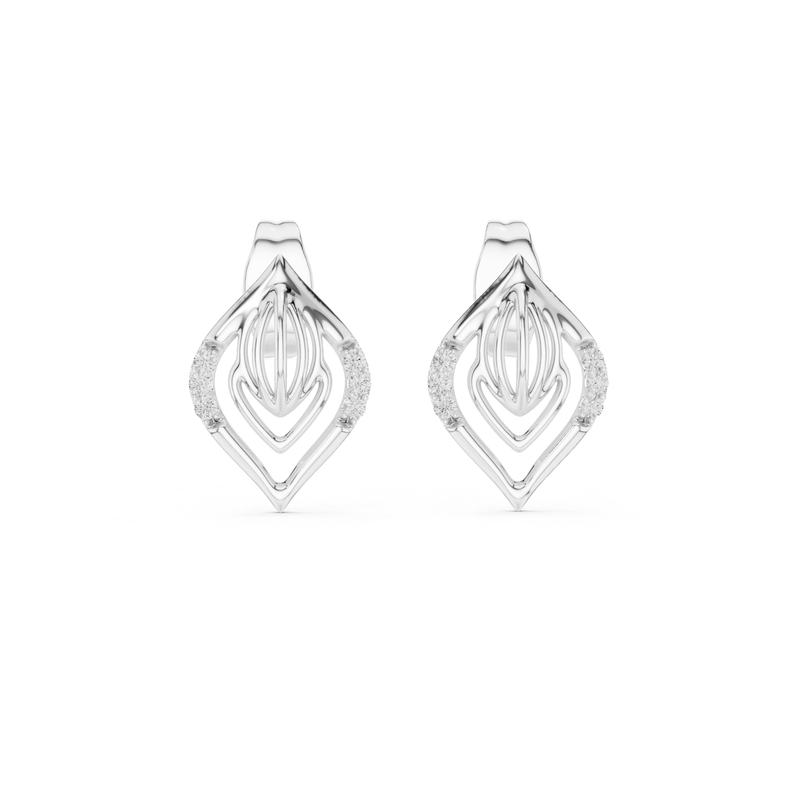 Diamond leaf stud earrings in gold with pavé diamonds