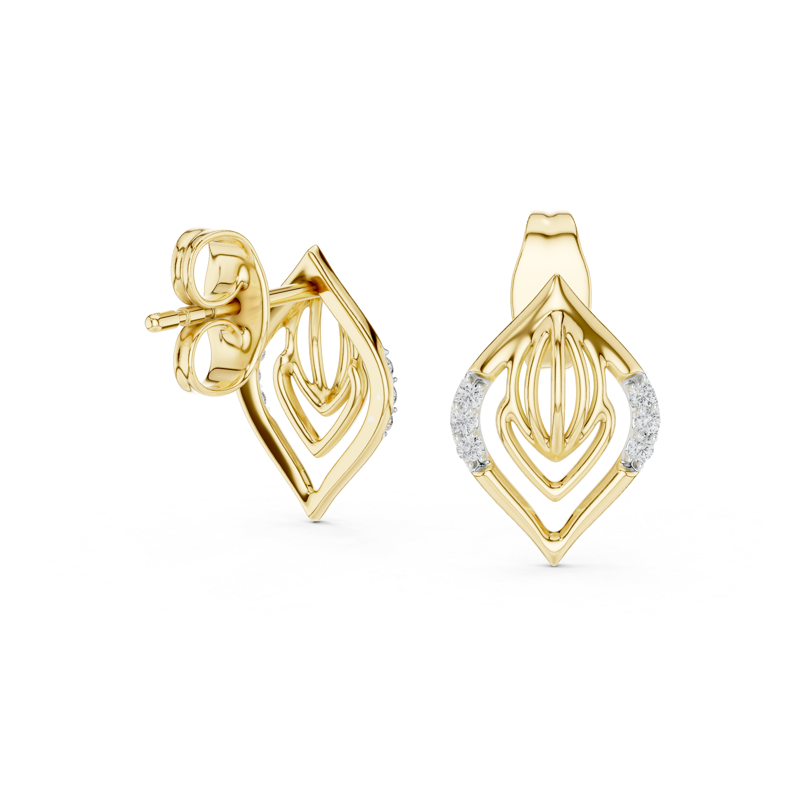 Diamond leaf stud earrings in gold with pavé diamonds