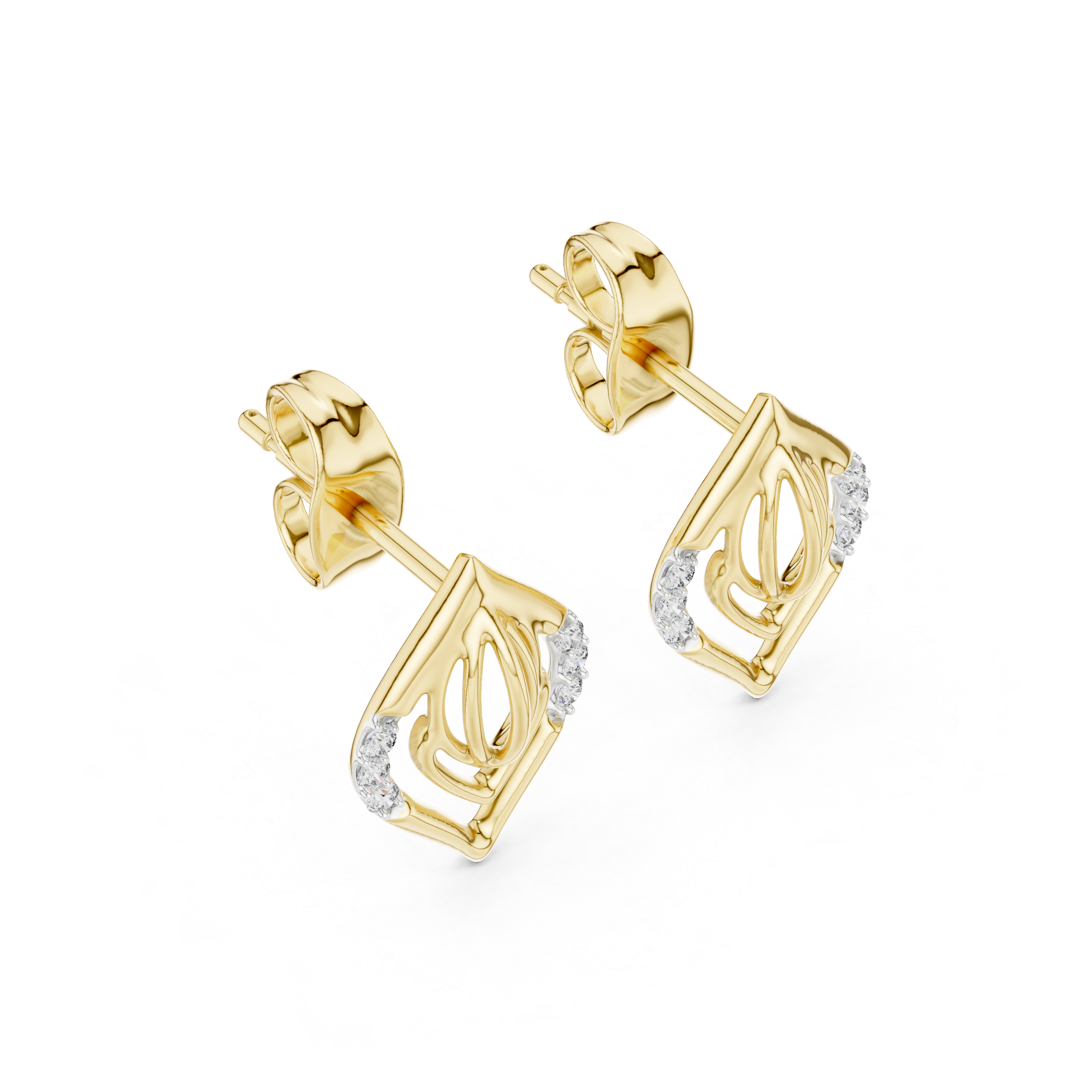 Diamond leaf stud earrings in gold with pavé diamonds