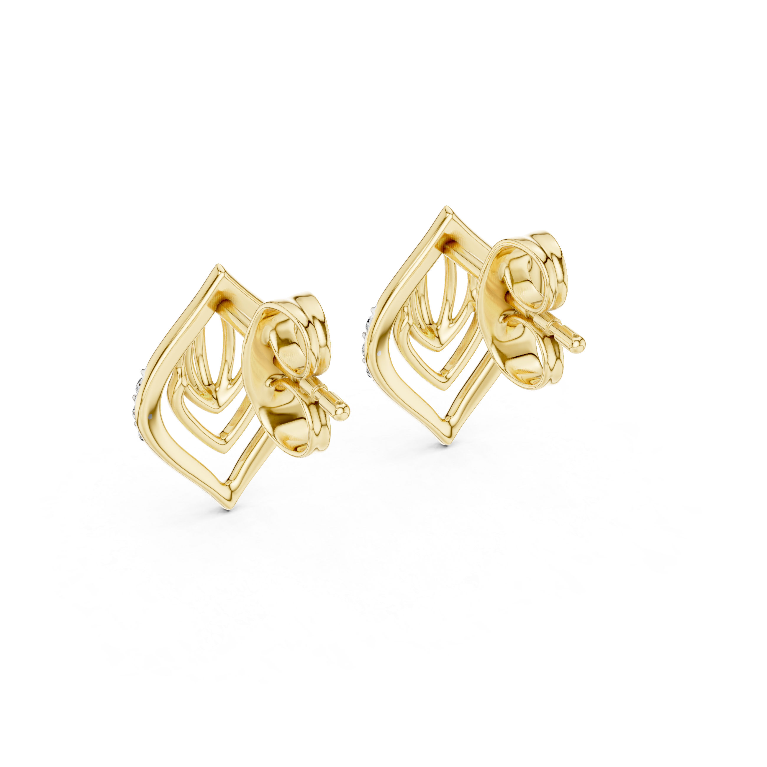 Diamond leaf stud earrings in gold with pavé diamonds