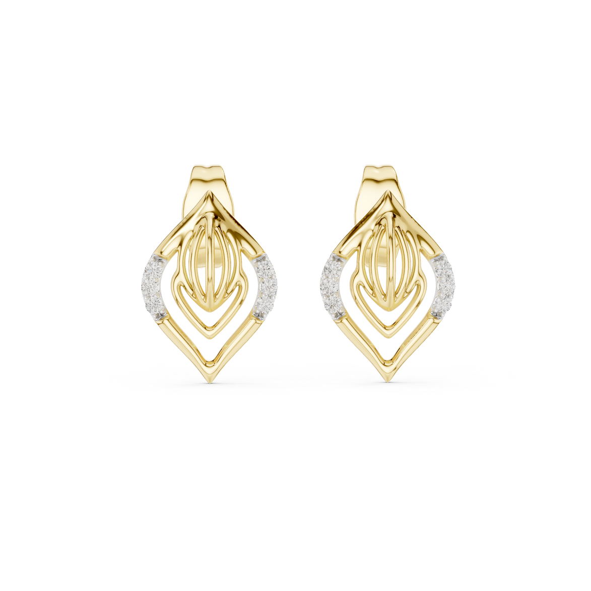 Diamond leaf stud earrings in gold with pavé diamonds