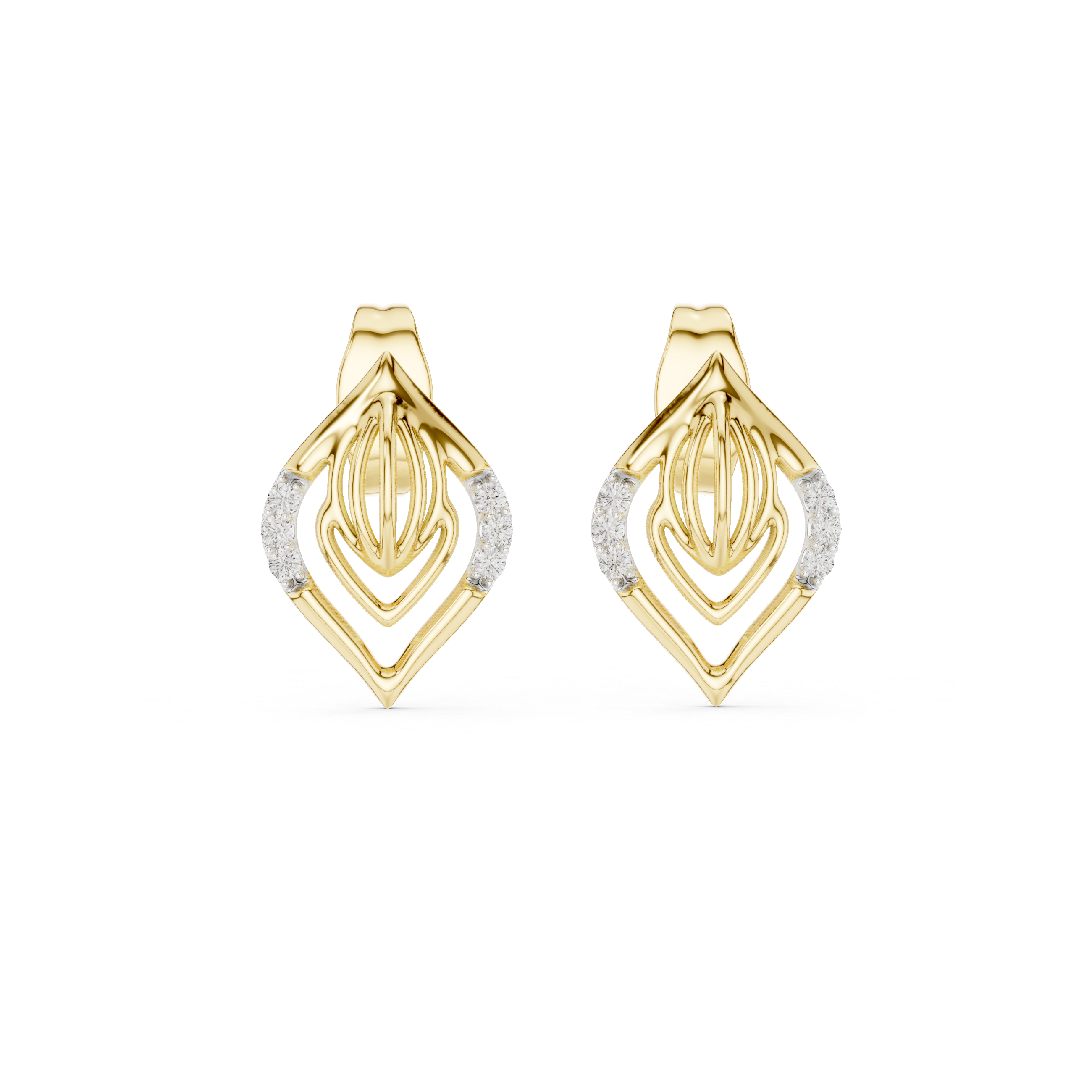 Diamond leaf stud earrings in gold with pavé diamonds