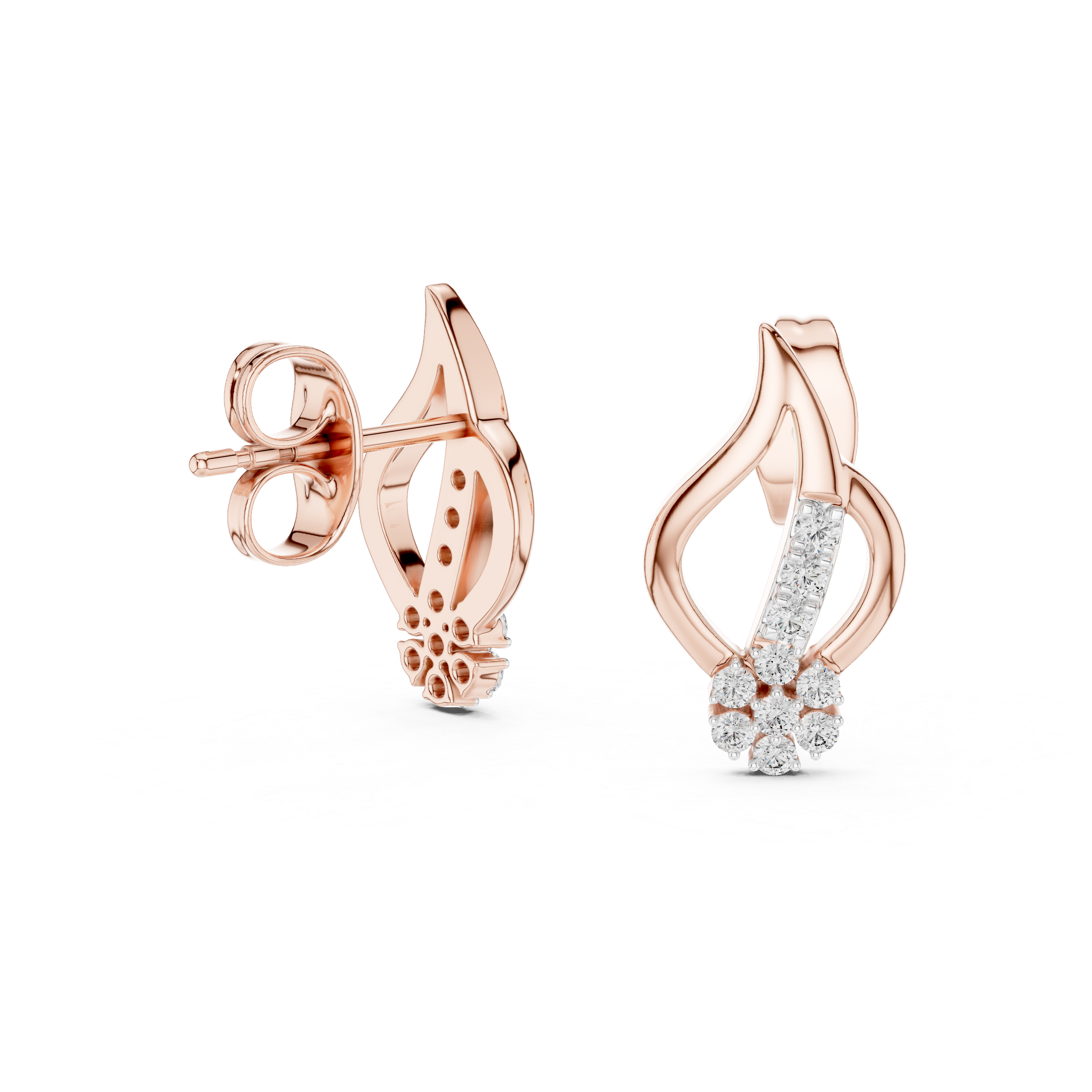 Diamond swirl stud earrings in gold with round diamonds