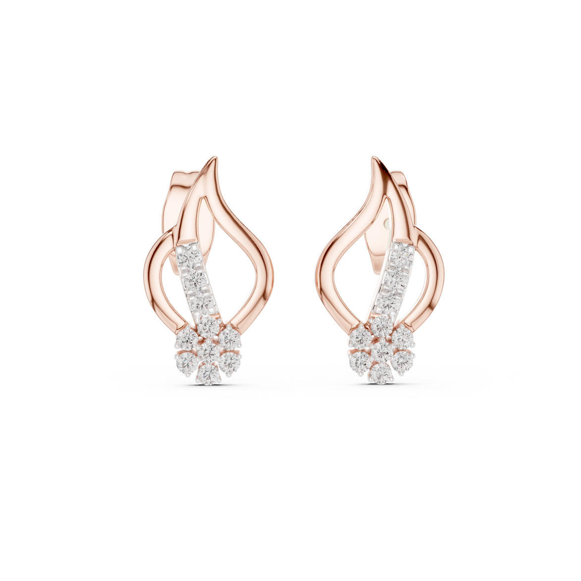 Diamond swirl stud earrings in gold with round diamonds