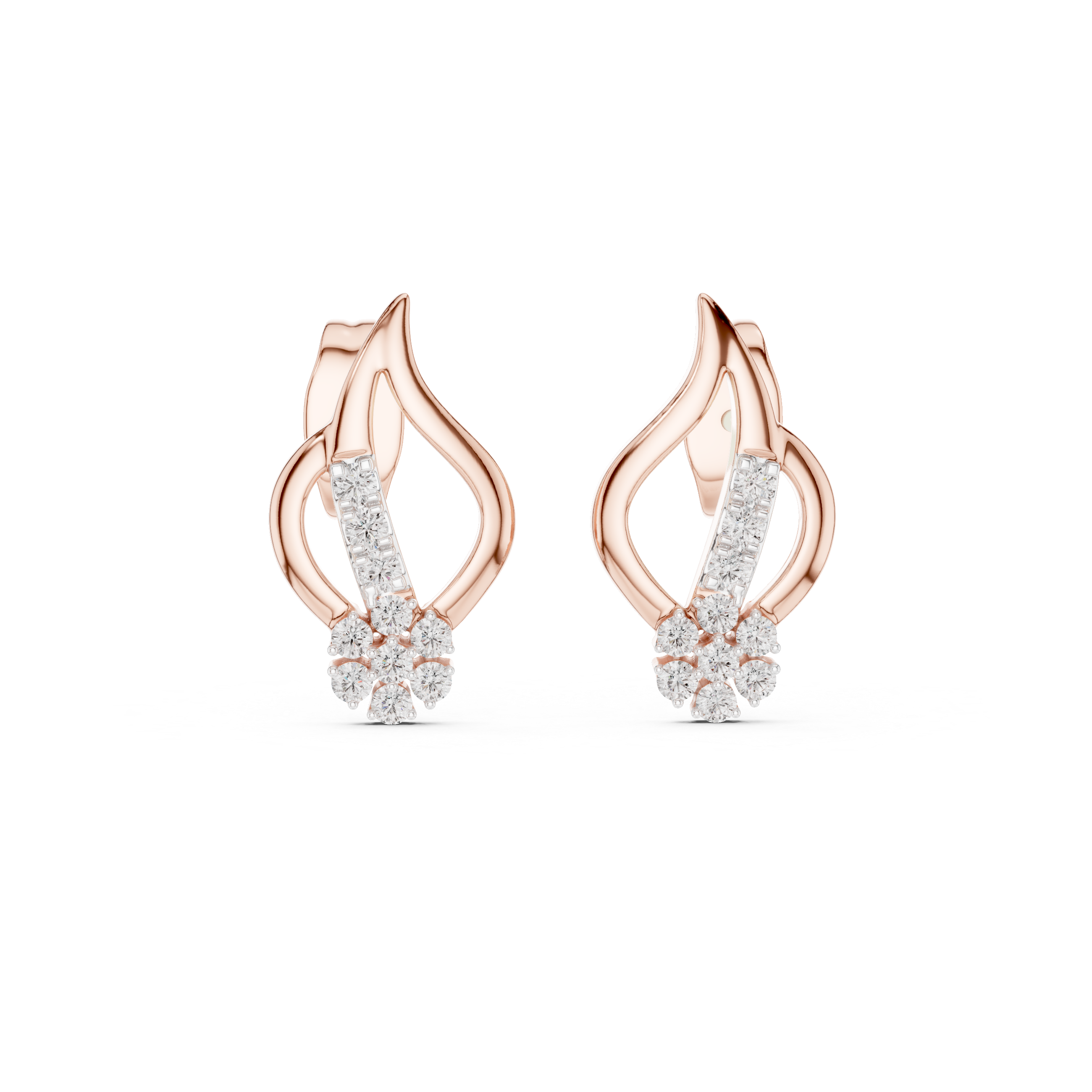 Diamond swirl stud earrings in gold with round diamonds