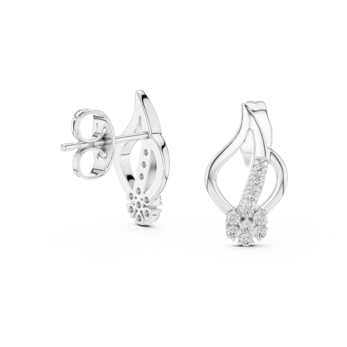 Diamond swirl stud earrings in gold with round diamonds