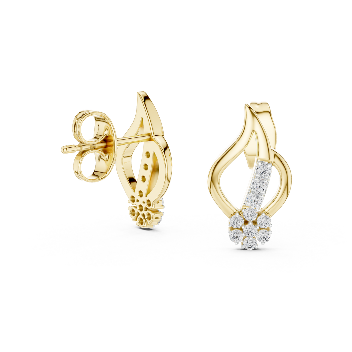 Diamond swirl stud earrings in gold with round diamonds