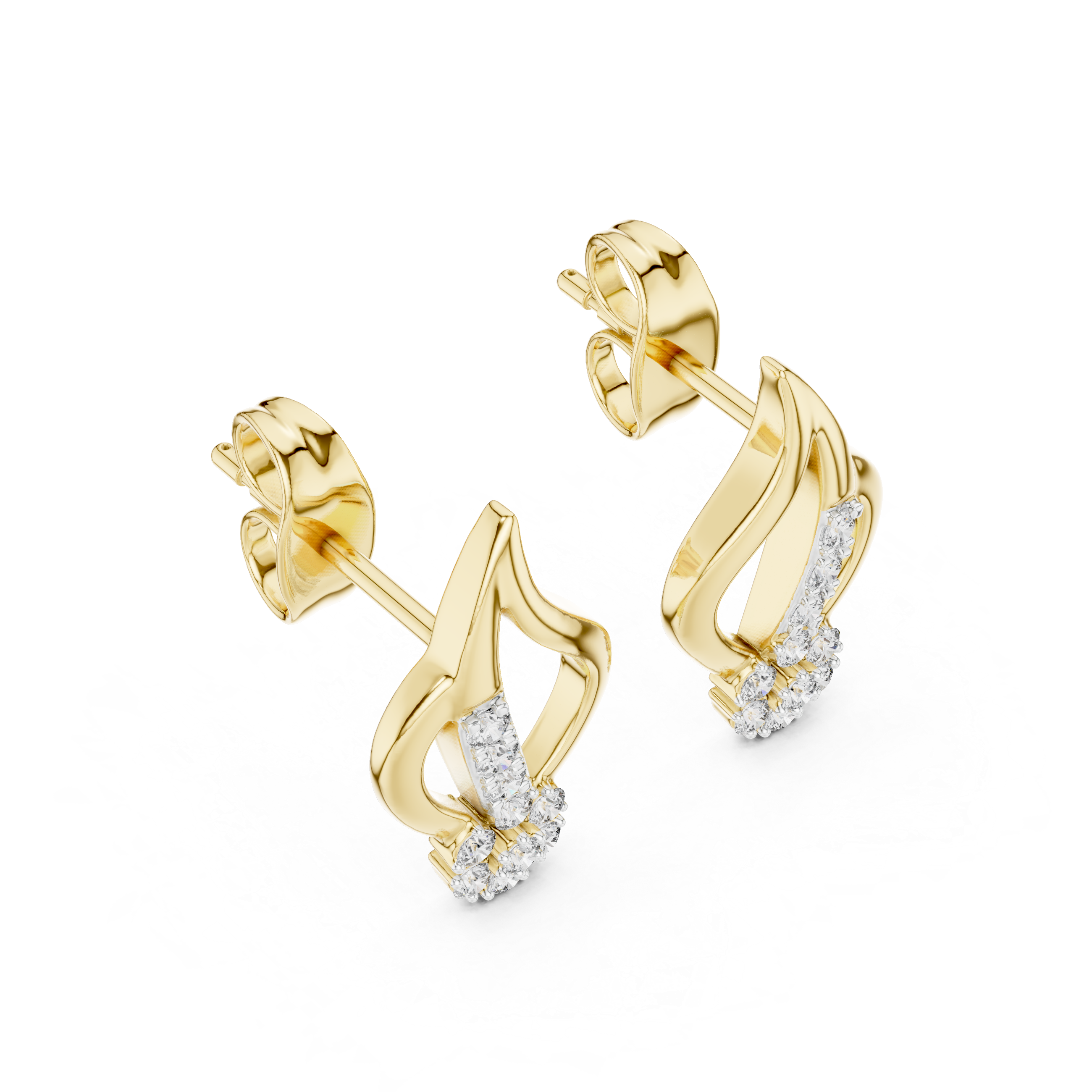 Diamond swirl stud earrings in gold with round diamonds