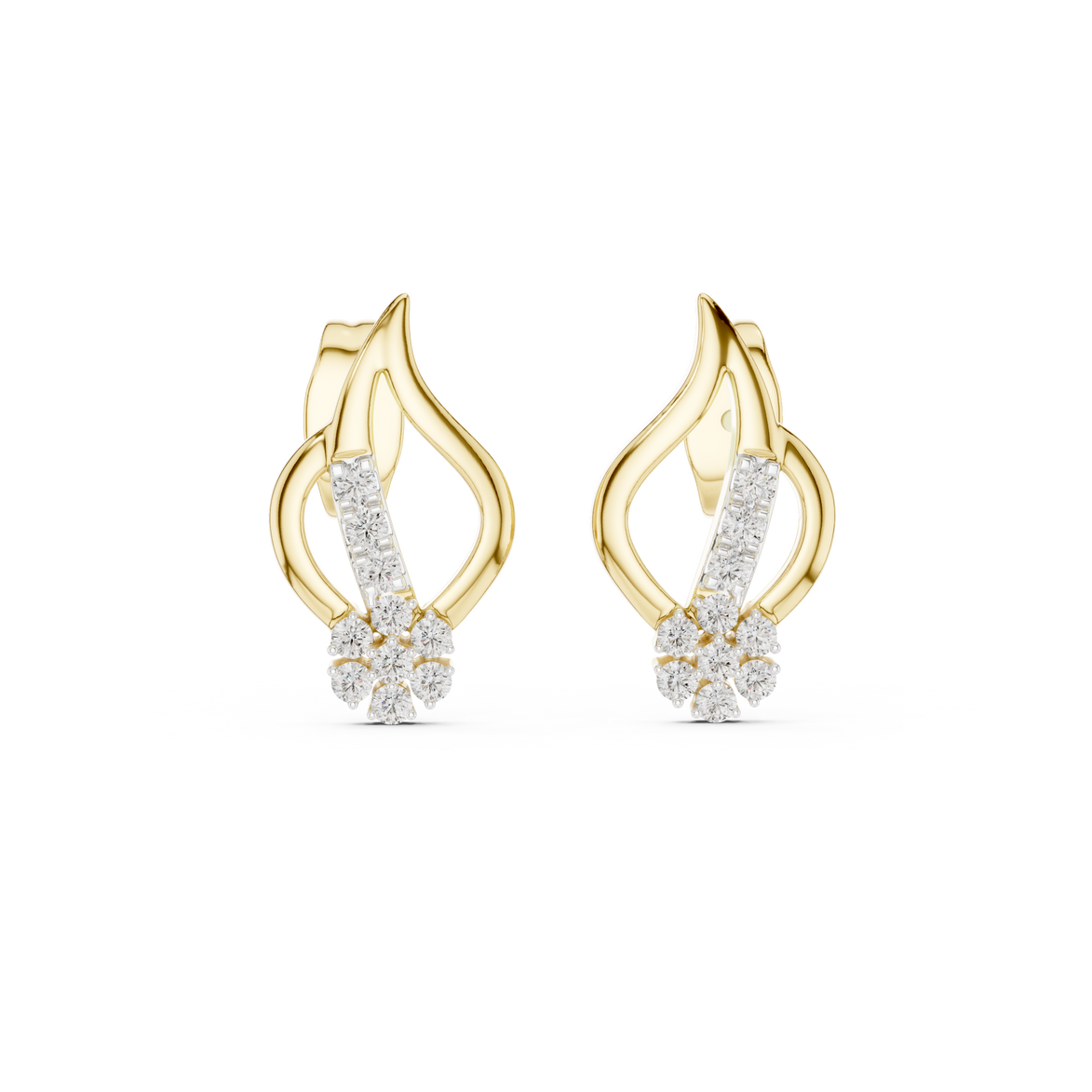 Diamond swirl stud earrings in gold with round diamonds