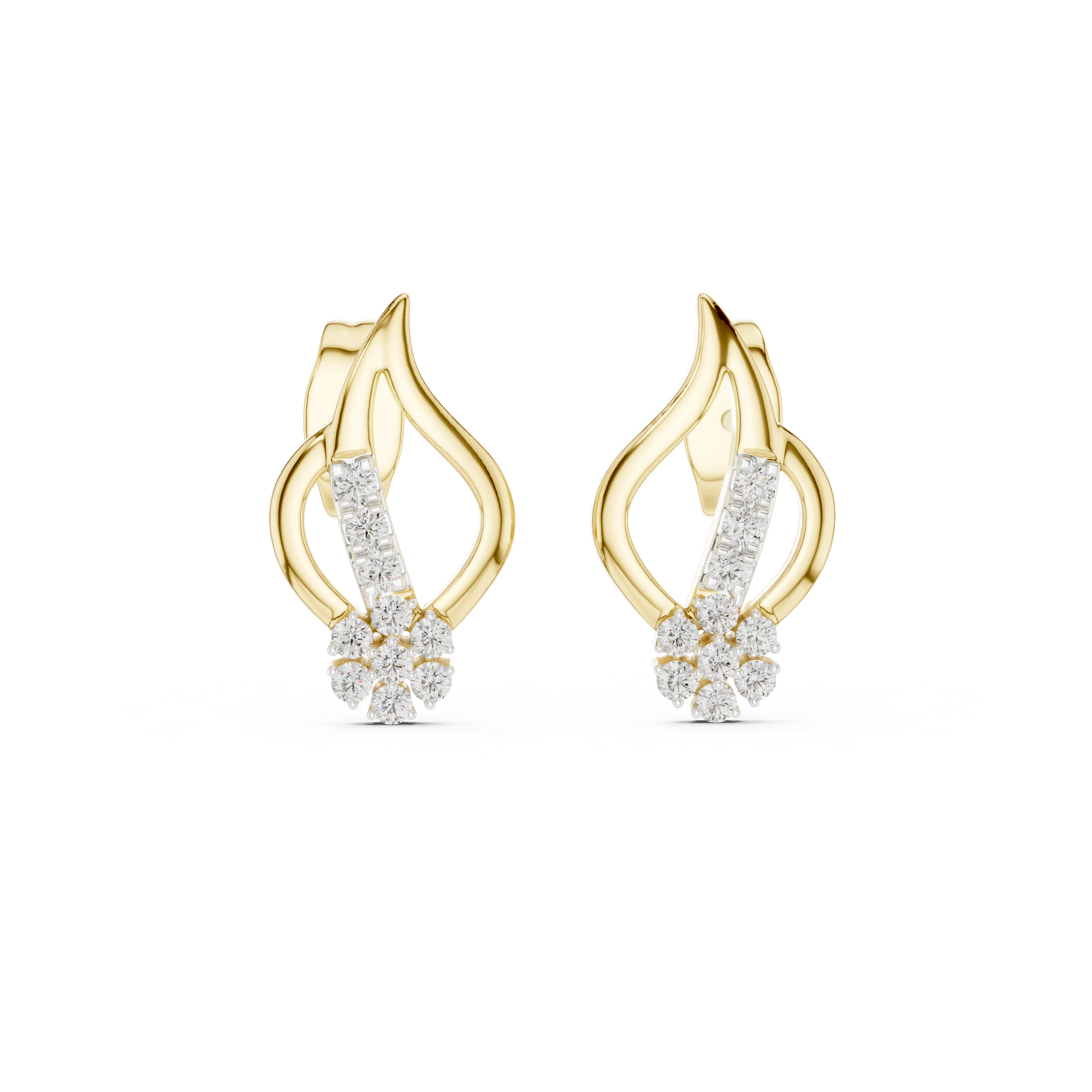 Diamond swirl stud earrings in gold with round diamonds