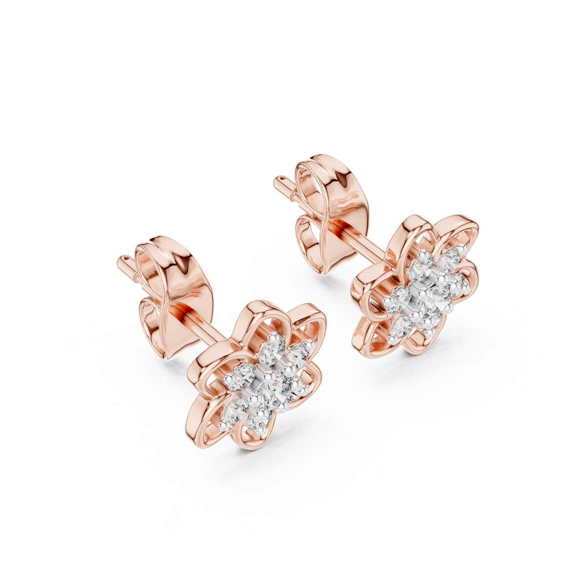 Floral diamond stud earrings in gold with round diamonds
