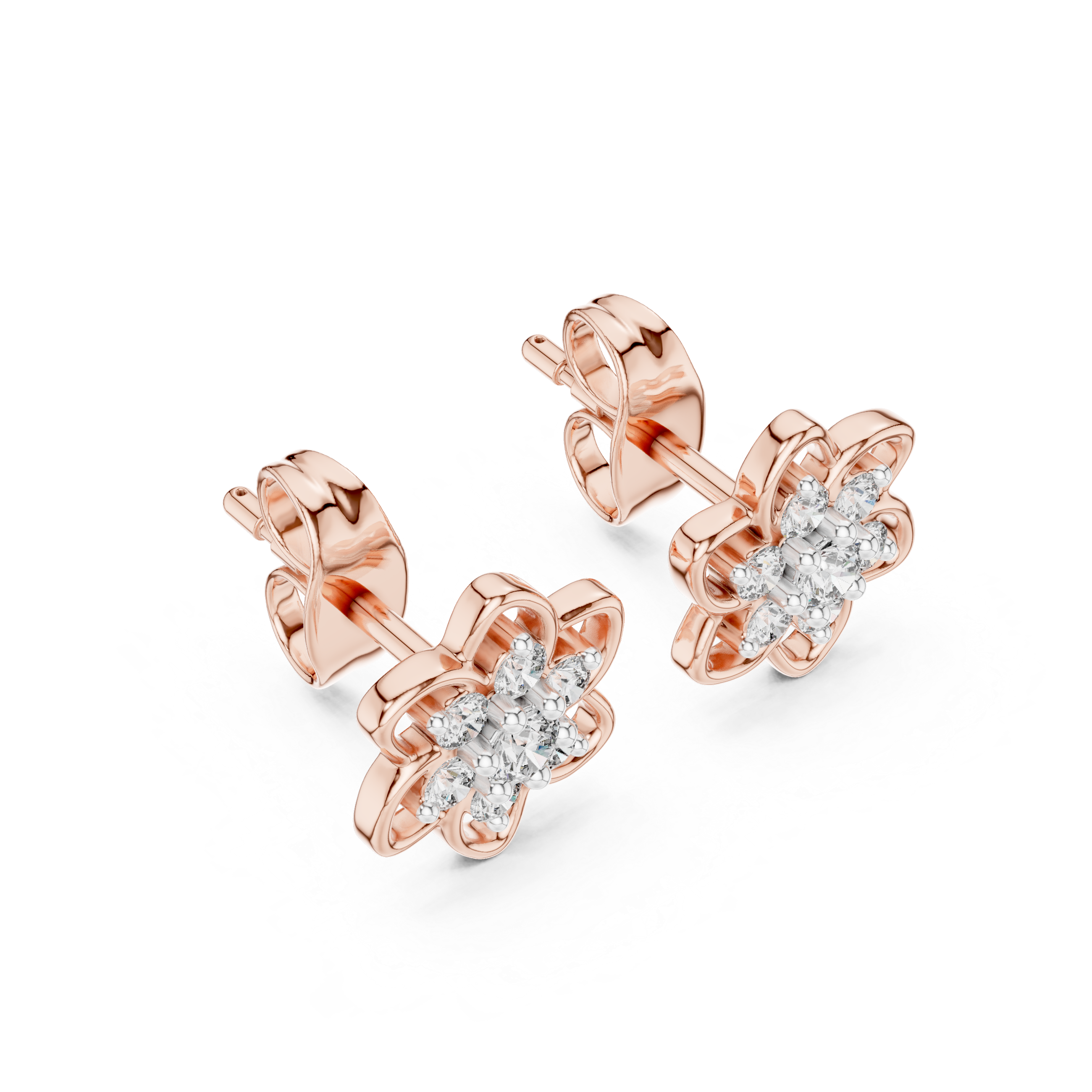 Floral diamond stud earrings in gold with round diamonds