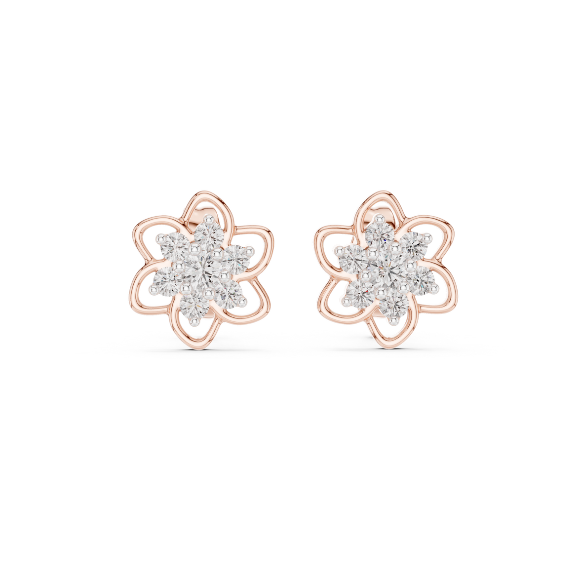 Floral diamond stud earrings in gold with round diamonds