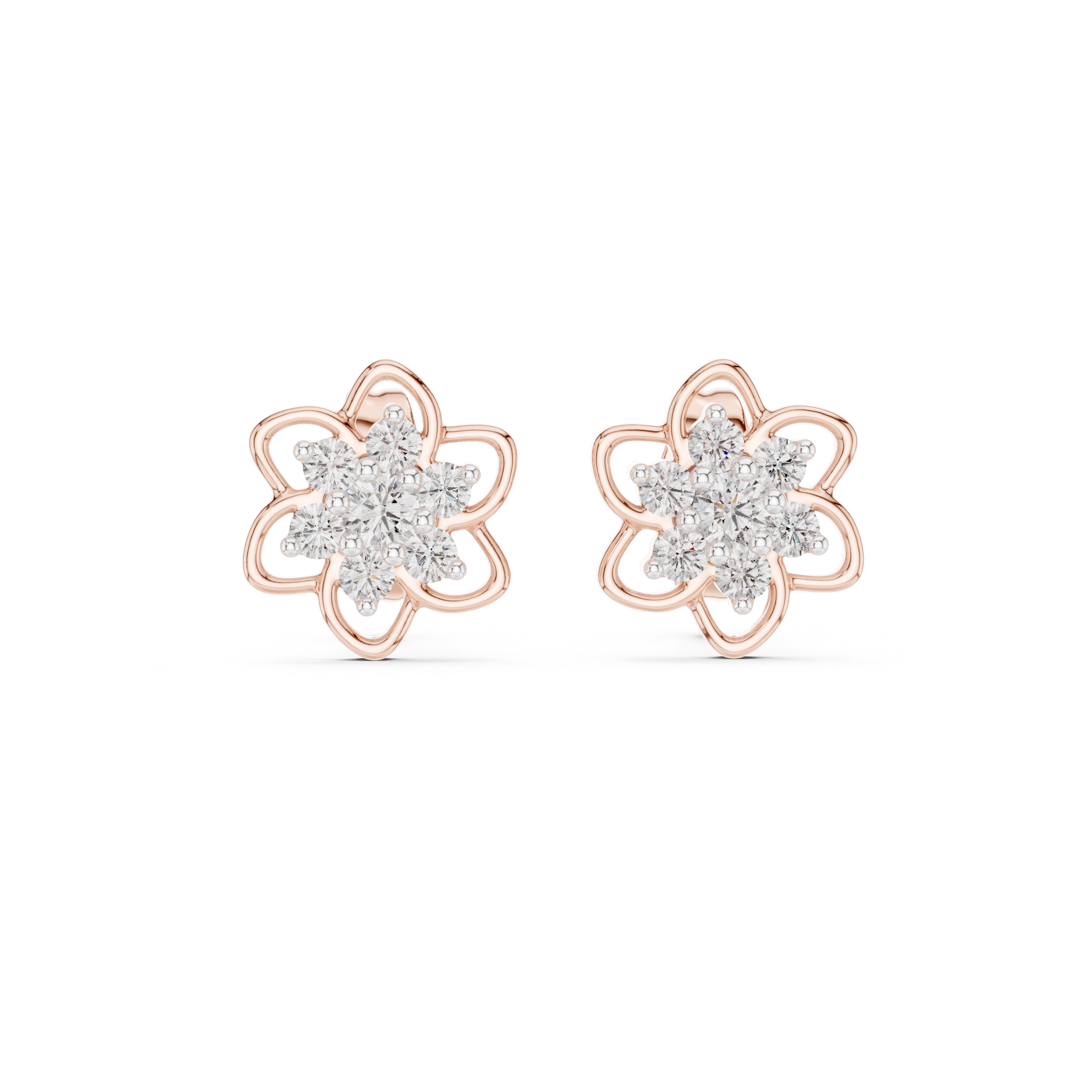 Floral diamond stud earrings in gold with round diamonds