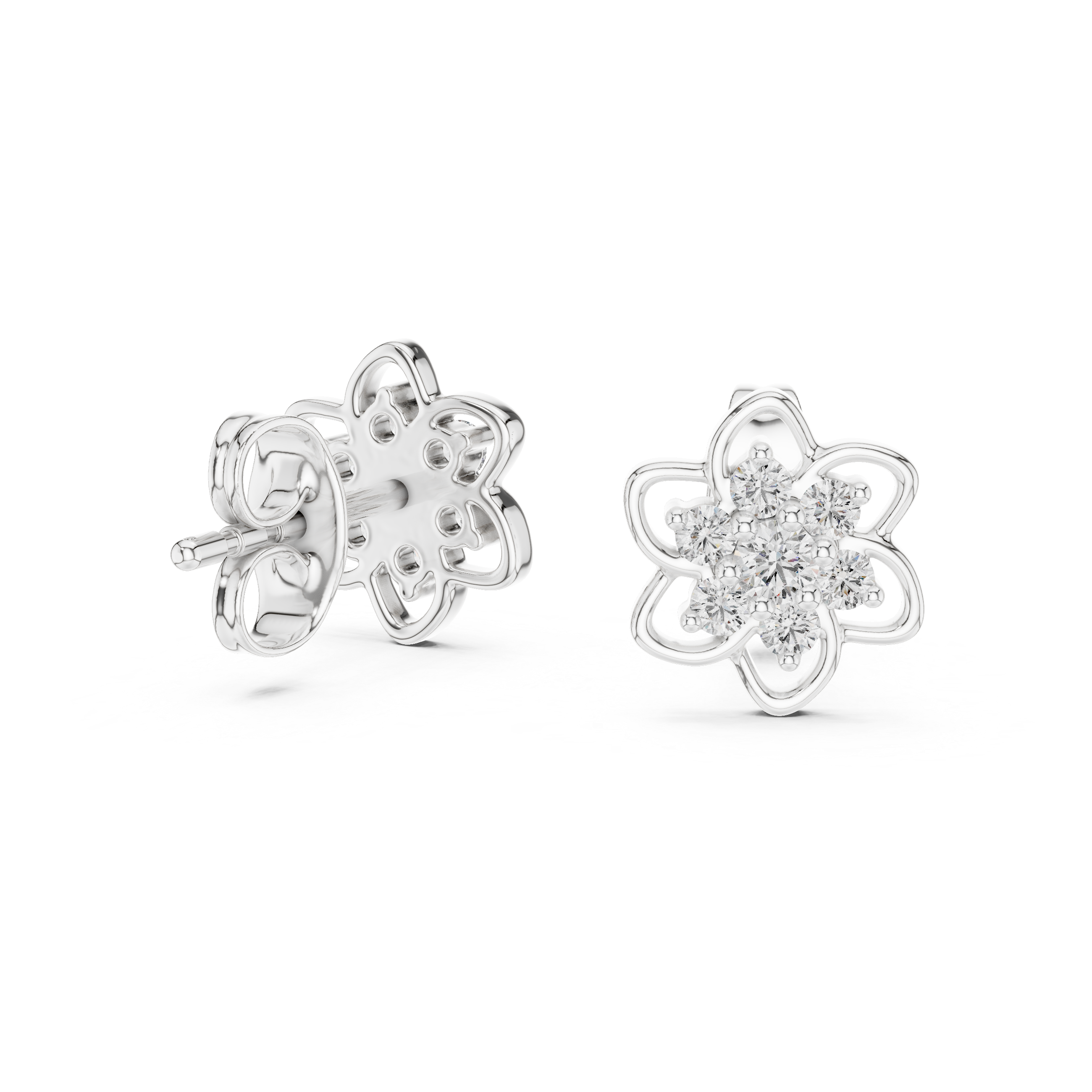 Floral diamond stud earrings in gold with round diamonds