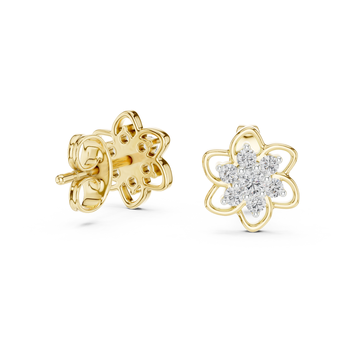 Floral diamond stud earrings in gold with round diamonds