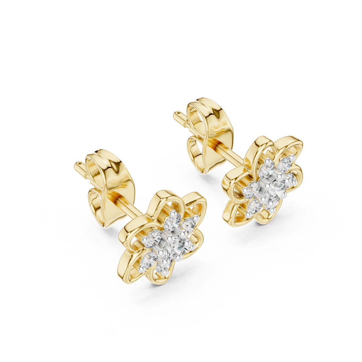 Floral diamond stud earrings in gold with round diamonds