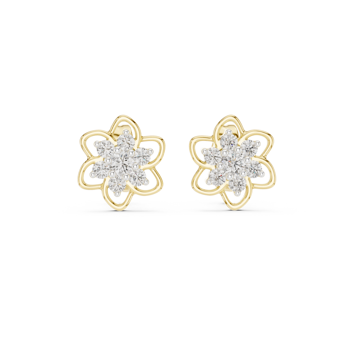 Floral diamond stud earrings in gold with round diamonds
